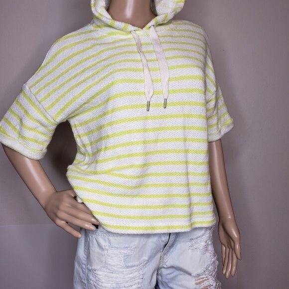 Lou & Grey Striped Hooded Poncho Top S Yellow White Cotton Blend - Picture 8 of 8